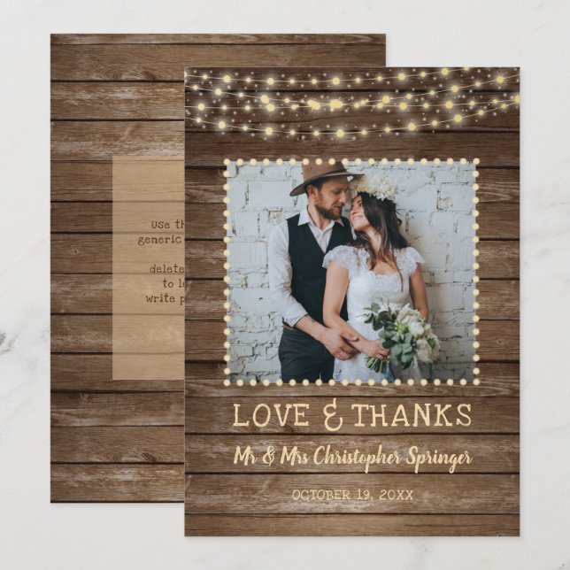Rustic Wood String Lights Wedding Thank You (Front/Back)