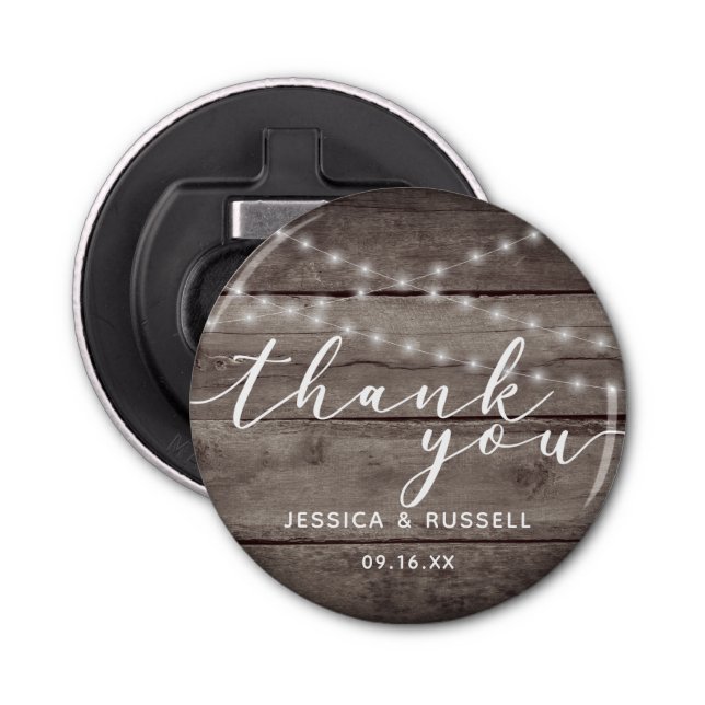 Rustic Wood String Lights Wedding Thank You Bottle Opener (Front)