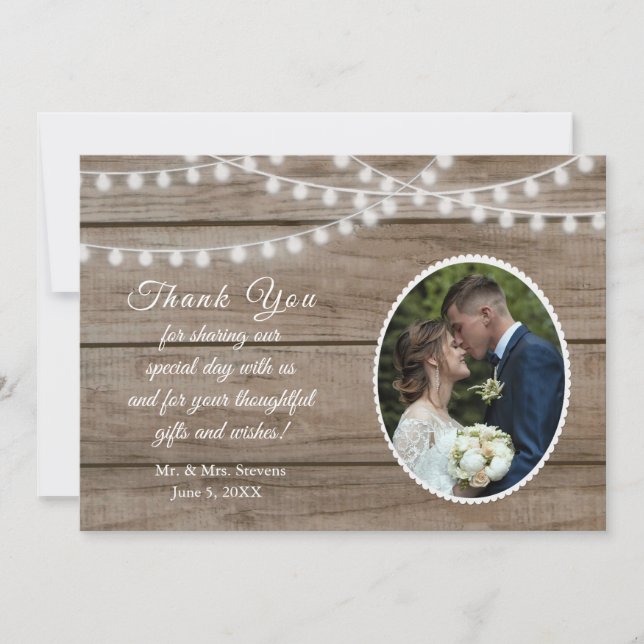 Rustic wood, string lights wedding thank you card (Front)