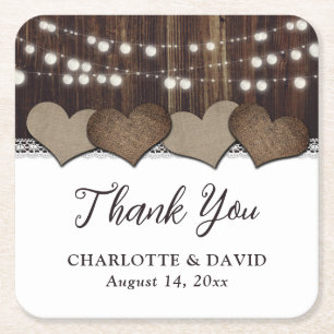 Rustic Wood String Lights Wedding Thank You Square Paper Coaster