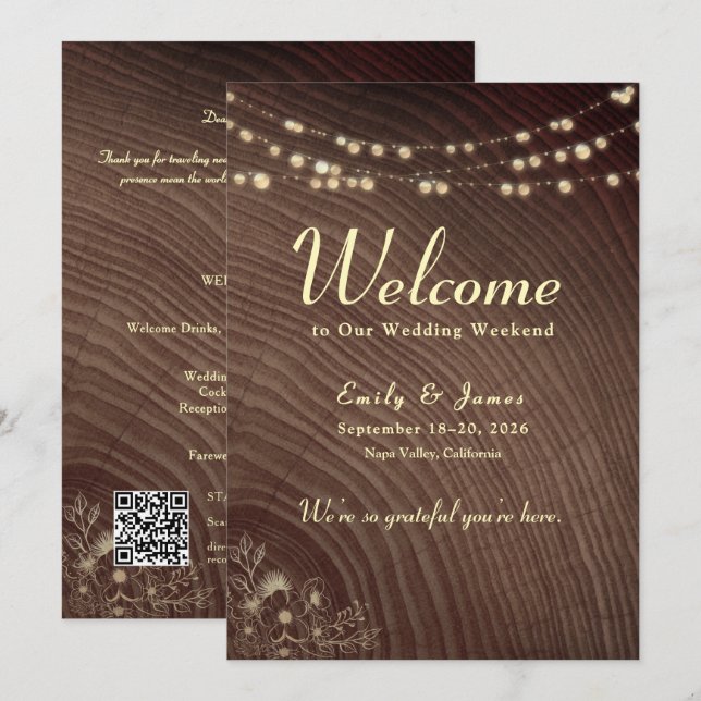 Rustic Wood String Lights Wedding Welcome Letter Invitation (Front/Back)