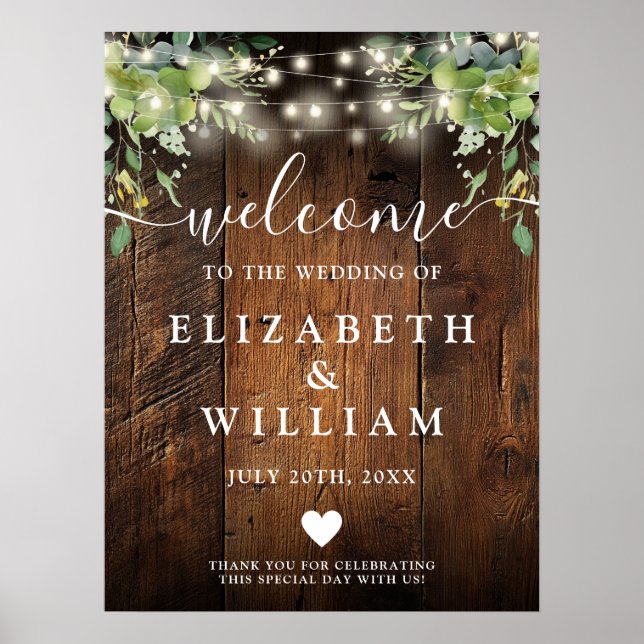 Rustic Wood String Lights Wedding Welcome Sign (Front)