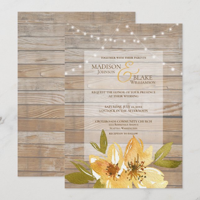 Rustic Wood String Lights Yellow Floral Wedding Invitation (Front/Back)