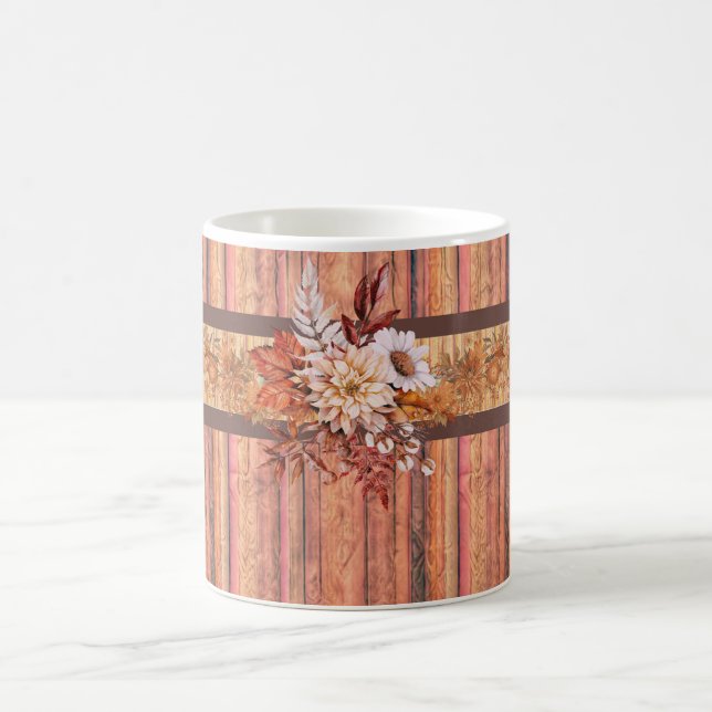 Rustic Wood Stripes and Flowers Coffee Mug (Center)