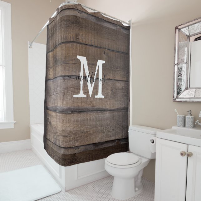 Rustic Wood Style Monogram Oak Country Farmhouse  Shower Curtain (In Situ)