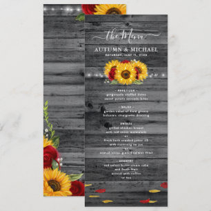 Rustic Wood Sunflower and Red Rose Wedding Menu