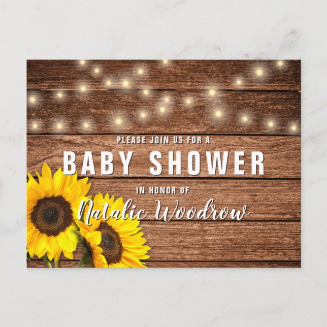 Rustic Wood Sunflower Baby Shower Invitation Postcard (Front)