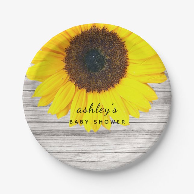 Rustic Wood Sunflower Baby Shower Personalised Paper Plate (Front)