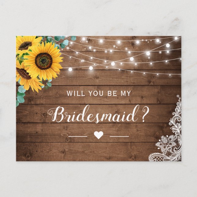 Rustic Wood Sunflower Be My Bridesmaid Proposal Postcard (Front)