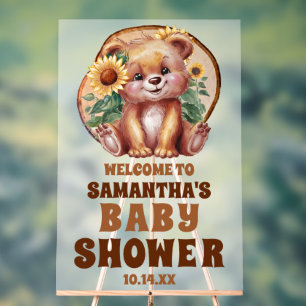 Rustic Wood Sunflower Bear Baby Shower Welcome Acrylic Sign