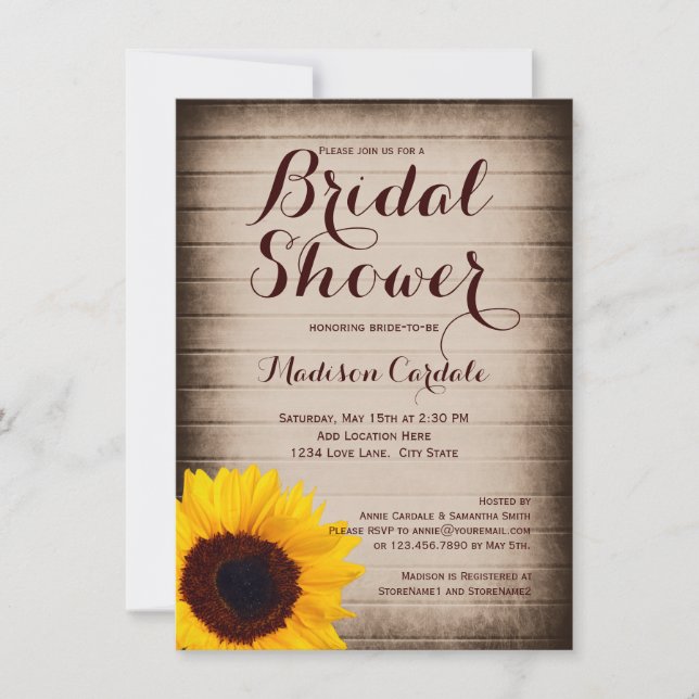 Rustic Wood Sunflower Bridal Shower Invitations (Front)