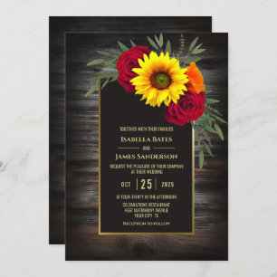 Rustic Wood Sunflower Burgundy Rose Wedding Invitation