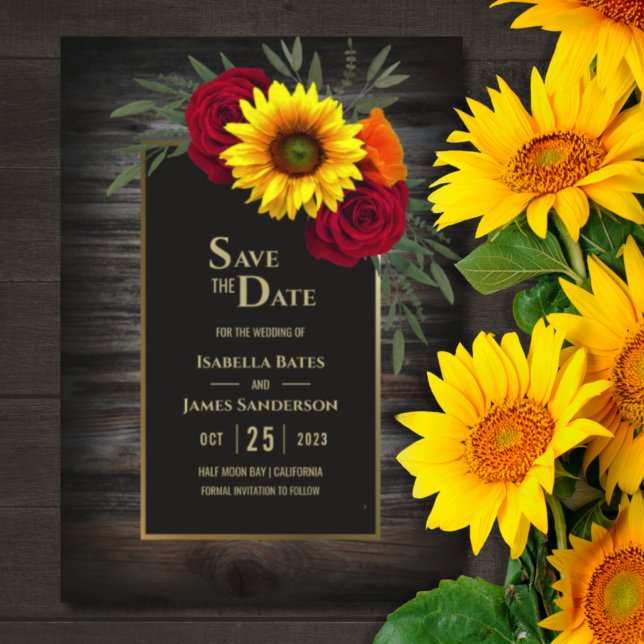 Rustic Wood Sunflower Burgundy Rose Wedding  Save  The Date (Creator Uploaded)