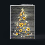 Rustic Wood Sunflower Christmas Tree Holiday Card<br><div class="desc">Warm hearts this holiday season with beautiful, rustic wood sunflower Christmas tree cards! The unique watercolor design depicts a hand painted wicker wood Christmas tree decorated with colourful yellow sunflowers and petite red holly berries. Luminous string lights twine around the wicker branches, and a gold star sits atop for a...</div>