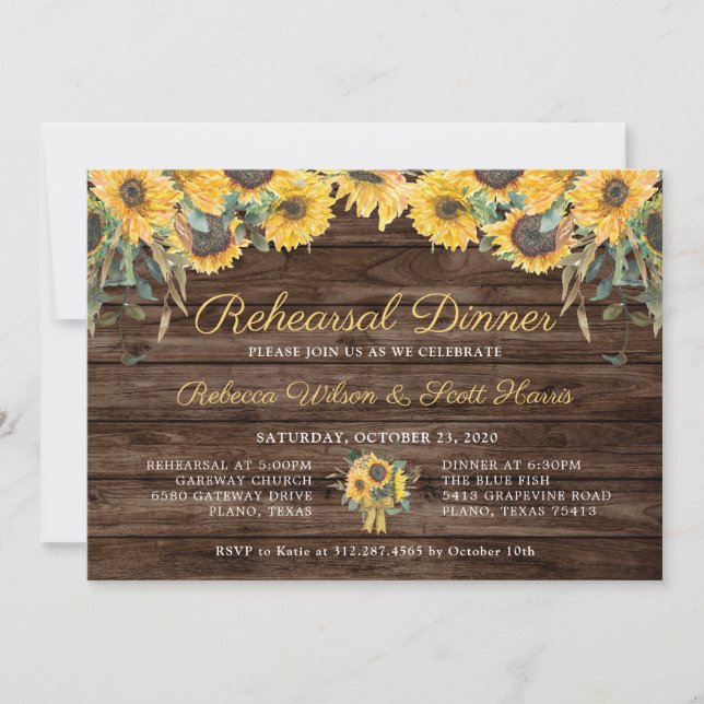 Rustic Wood Sunflower Country Rehearsal Dinner Invitation (Front)