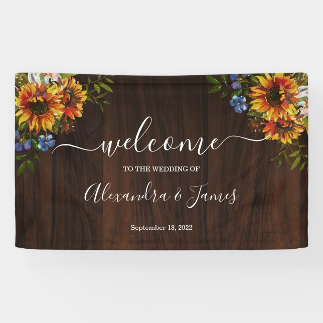 Rustic Wood Sunflower Country Wedding Banner (Horizontal)