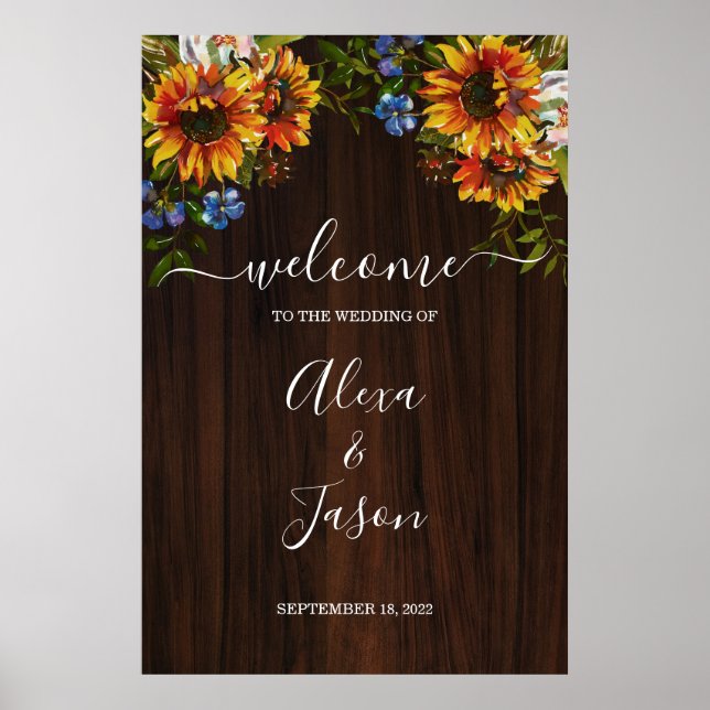 Rustic Wood Sunflower Country Wedding Welcome Sign (Front)