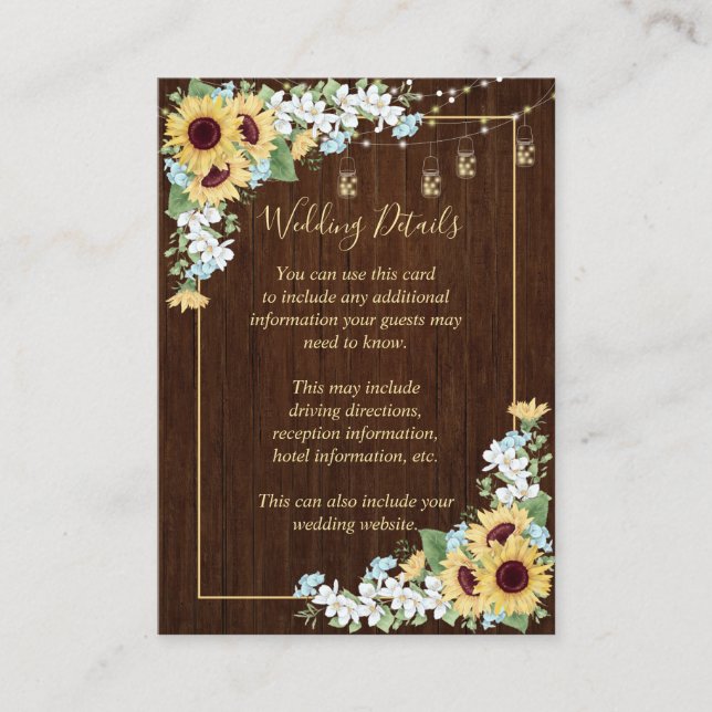 Rustic Wood Sunflower Dusty Blue Floral Details Enclosure Card (Front)