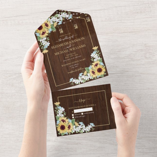 Rustic Wood Sunflower Dusty Blue Floral No Menu All In One Invitation (Tearaway)