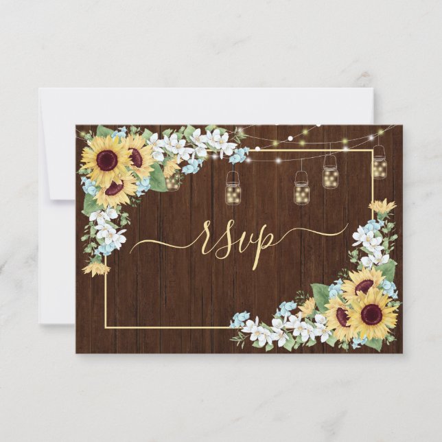 Rustic Wood Sunflower Dusty Blue Floral RSVP Card (Front)