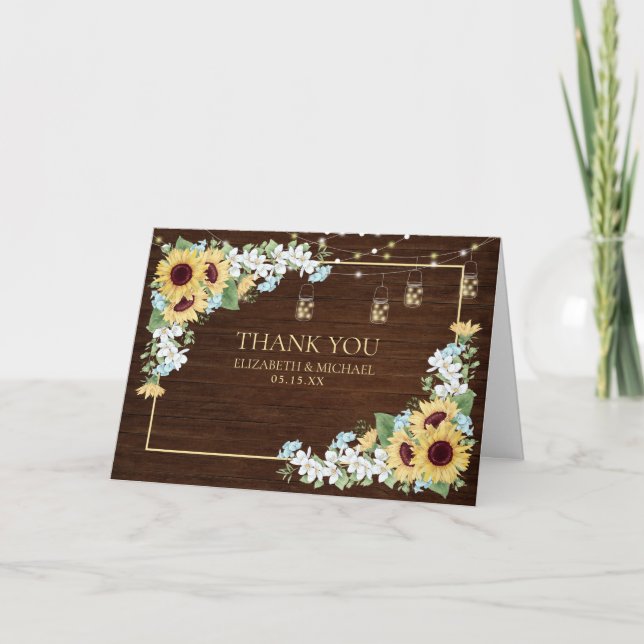 Rustic Wood Sunflower Dusty Blue Floral Thank You Card (Front)