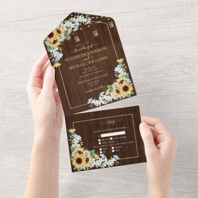 Rustic Wood Sunflower Dusty Blue Floral Wedding All In One Invitation (Tearaway)