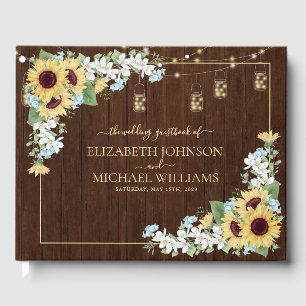 Rustic Wood Sunflower Dusty Blue Floral Wedding Guest Book