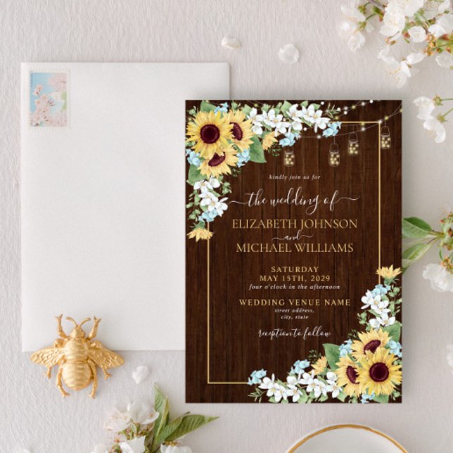 Rustic Wood Sunflower Dusty Blue Floral Wedding Invitation (Creator Uploaded)