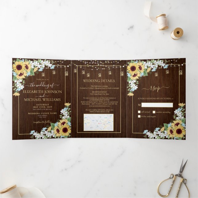 Rustic Wood Sunflower Dusty Blue Floral Wedding Tri-Fold Invitation (Inside)