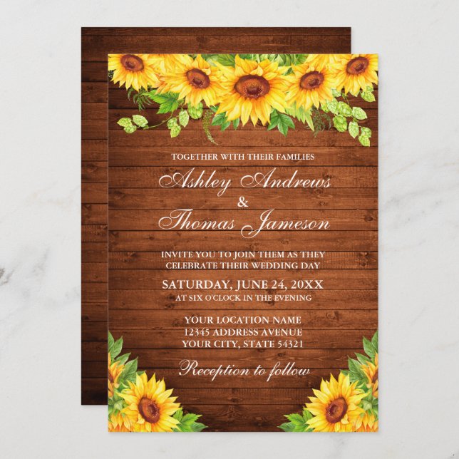 Rustic Wood Sunflower Floral Greenery Invitation (Front/Back)