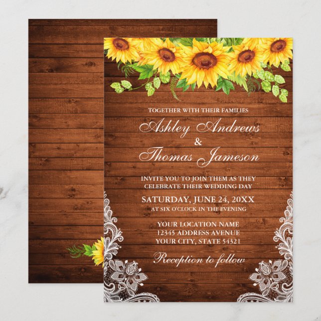 Rustic Wood Sunflower Floral Greenery Lace Invitation (Front/Back)