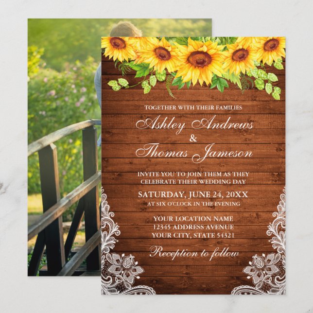 Rustic Wood Sunflower Floral Greenery Lace Photo Invitation (Front/Back)