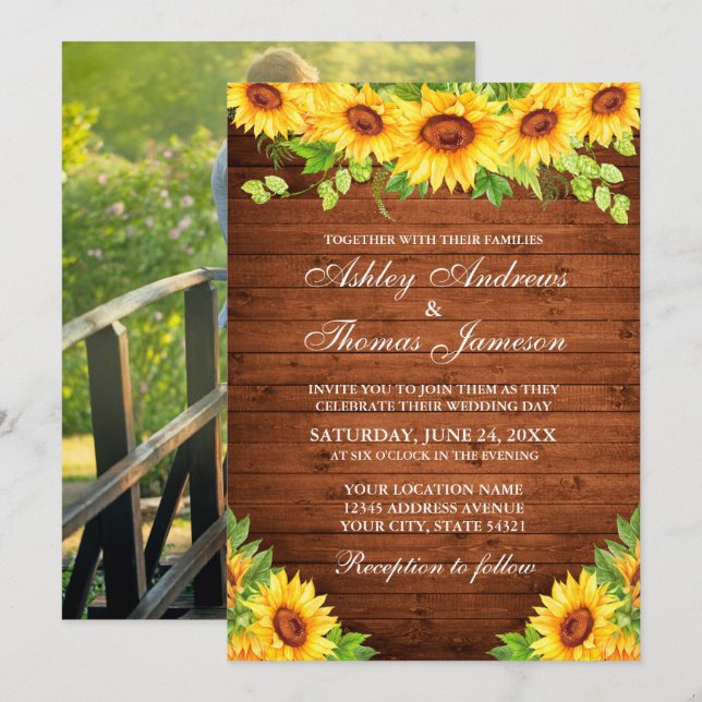 Rustic Wood Sunflower Floral Greenery Photo Invitation (Front/Back)