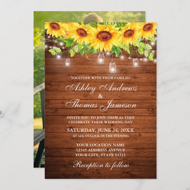 Rustic Wood Sunflower Floral Jar Lights Photo Invitation (Front/Back)