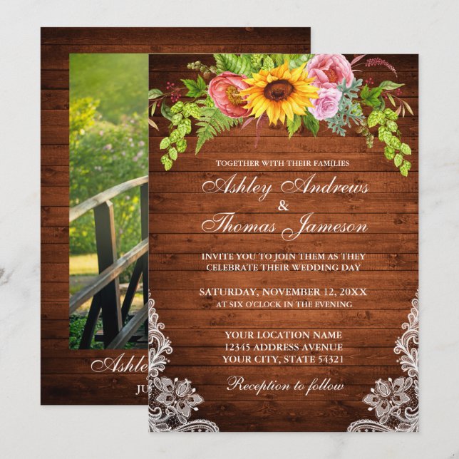 Rustic Wood Sunflower Floral Lace Photo Wedding Invitation (Front/Back)