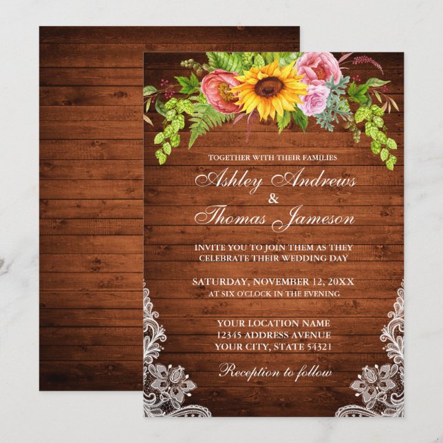 Rustic Wood Sunflower Floral Lace Wedding Invitation (Front/Back)