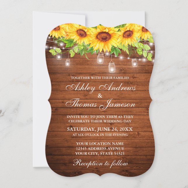 Rustic Wood Sunflower Floral Mason Jar Lights Invitation (Front)