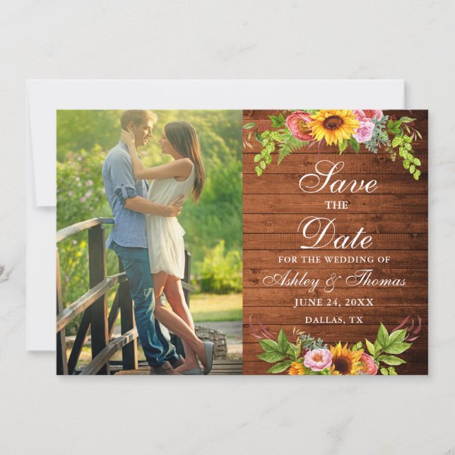 Rustic Wood Sunflower Floral Photo Save The Date (Front)