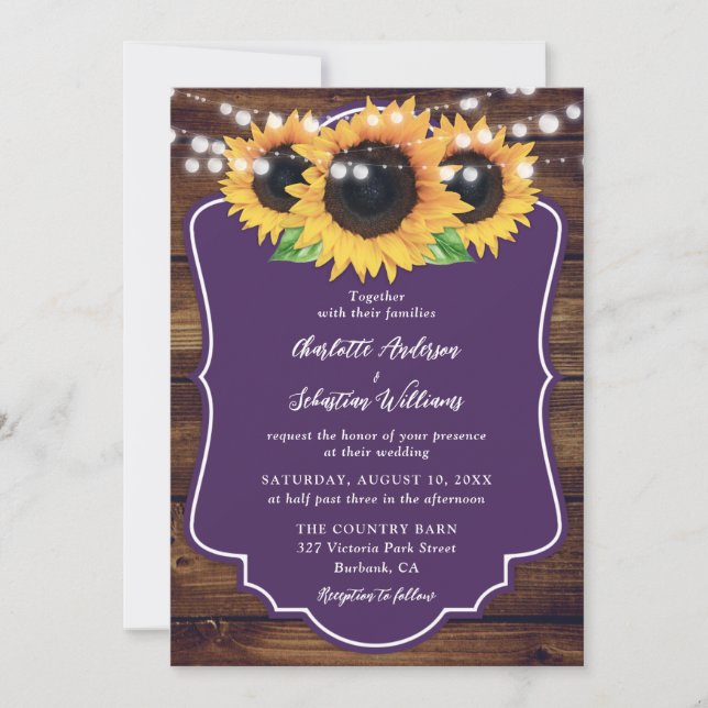 Rustic Wood Sunflower Floral Purple Wedding Invitation (Front)
