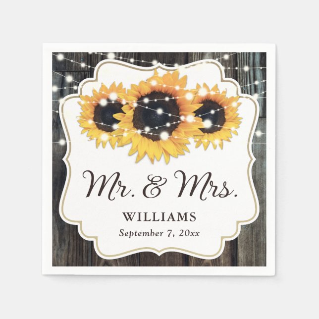 Rustic Wood Sunflower Floral Wedding Napkin (Front)