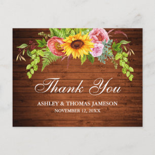 Rustic Wood Sunflower Floral Wedding Thank You Postcard
