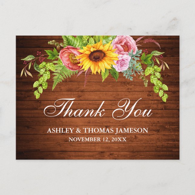 Rustic Wood Sunflower Floral Wedding Thank You Postcard (Front)
