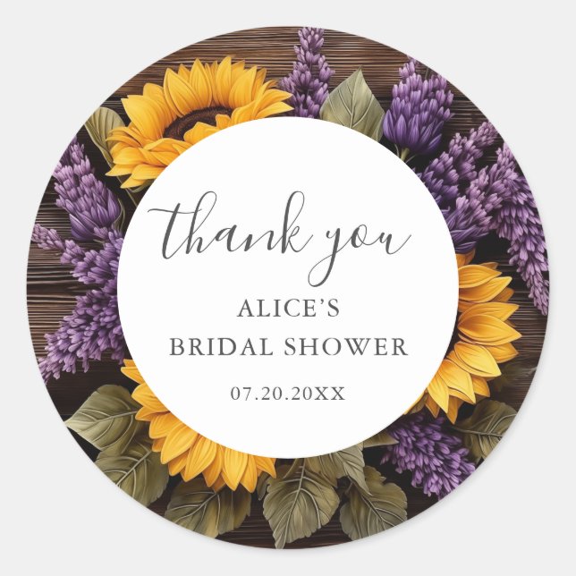 Rustic Wood Sunflower Lavender Bridal Shower Classic Round Sticker (Front)