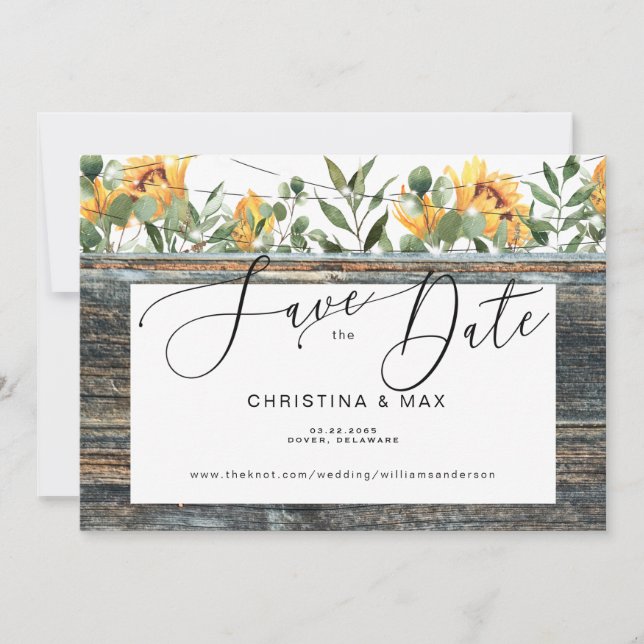 Rustic Wood Sunflower & Lights Save the Date (Front)