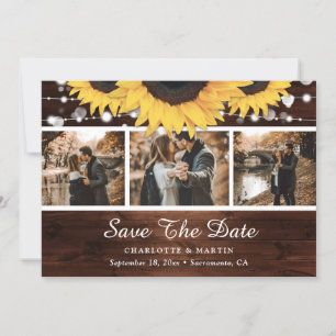 Rustic Wood Sunflower Lights Wedding Photo Collage Save The Date
