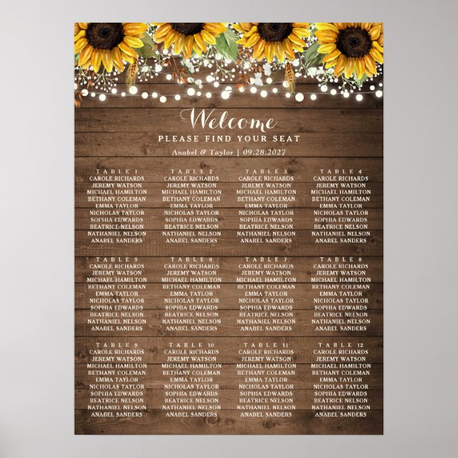 Rustic Wood Sunflower Lights Wedding Seating Chart (Front)