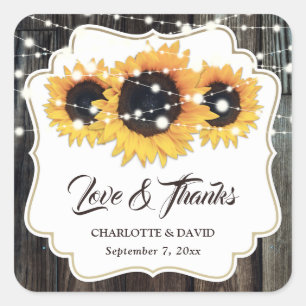Rustic Wood Sunflower Love and Thanks Wedding Square Sticker