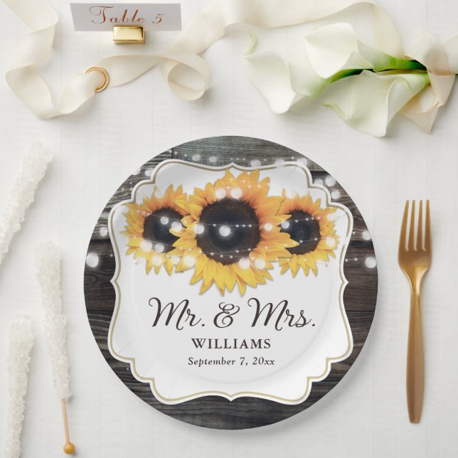 Rustic Wood Sunflower Mr and Mrs Wedding Paper Plate (Wedding)