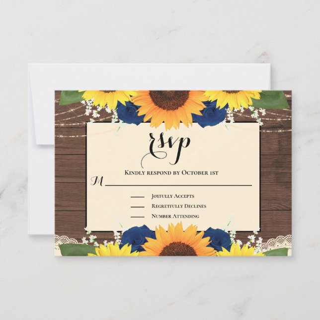 Rustic Wood Sunflower Navy Blue Roses Wedding RSVP (Front)