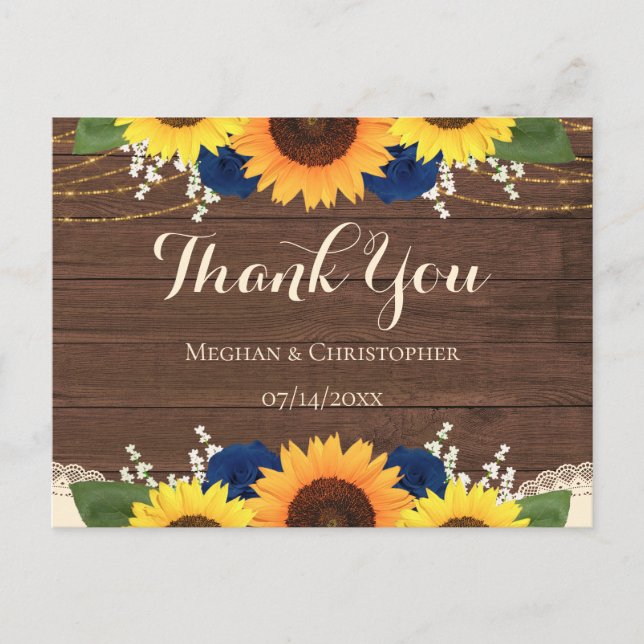 Rustic Wood Sunflower Navy Roses Wedding Thank You Postcard (Front)